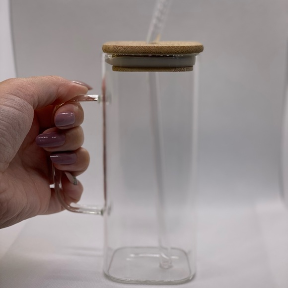 New Transparent Glass Cup with Bamboo Lid and glass Straw - Picture 3 of 4